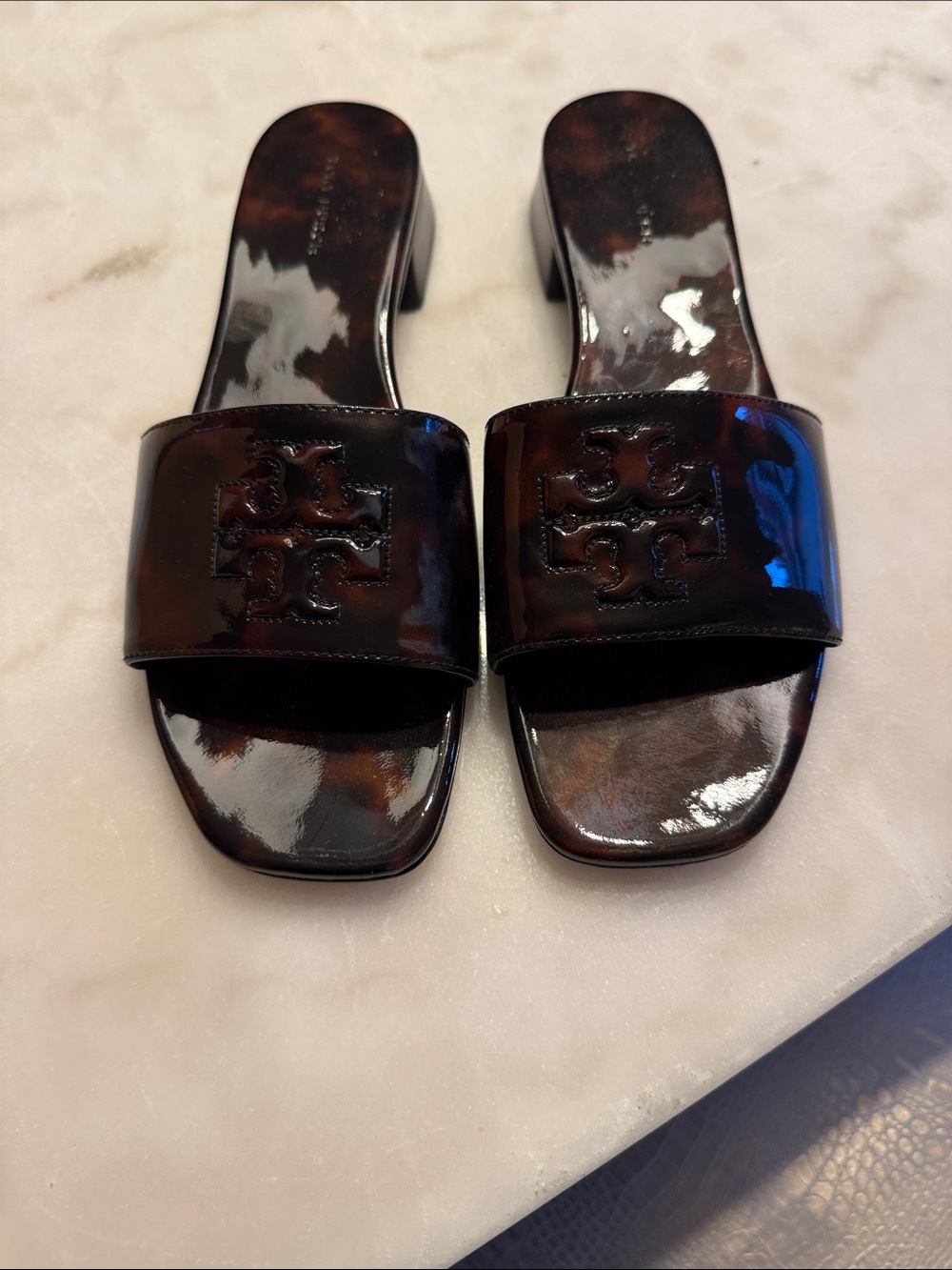 Tory Burch Dark Brown Patent Logo Slide